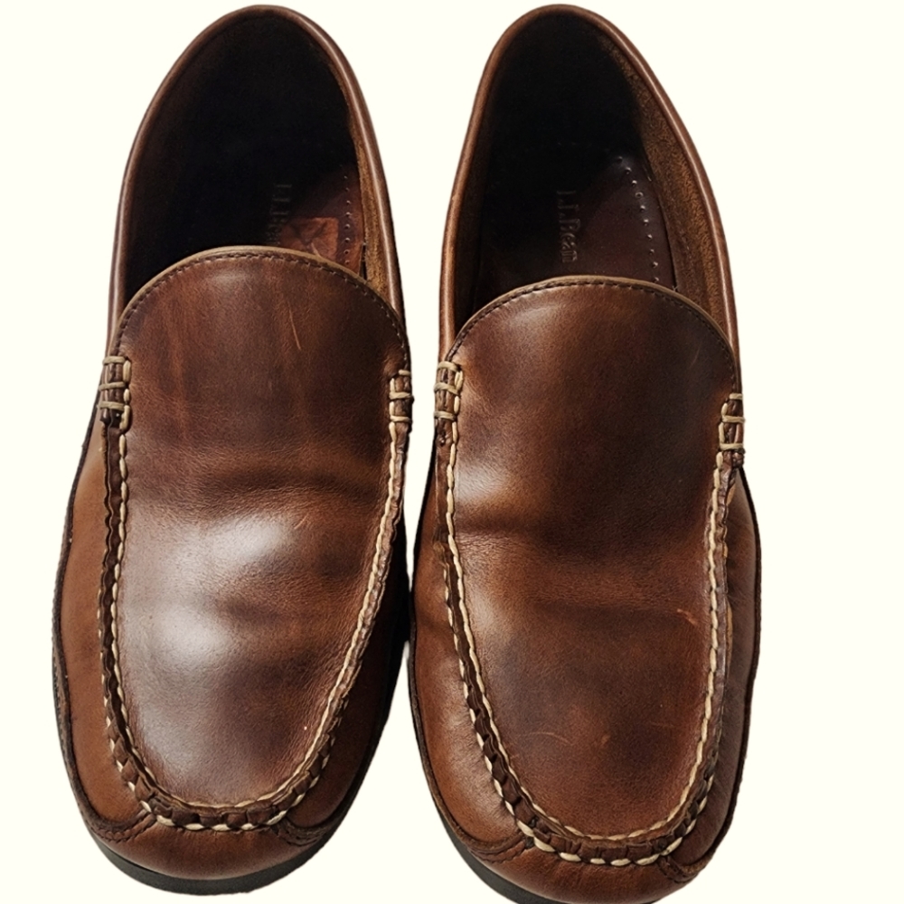 L.L. Bean Double Leather Slip On Moccasins Slippers sz 12 brown